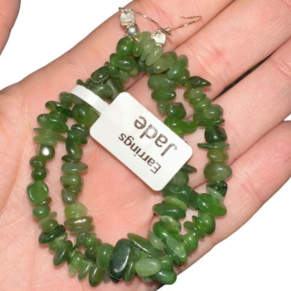 New Natural Green Jade Stone Teardrop Earrings .925 Sterling Silver Hook